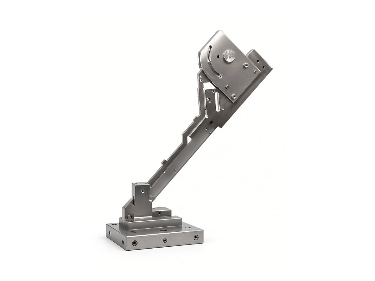 Multi-part machined articulating bracket assembly with pivot and adjustment slot