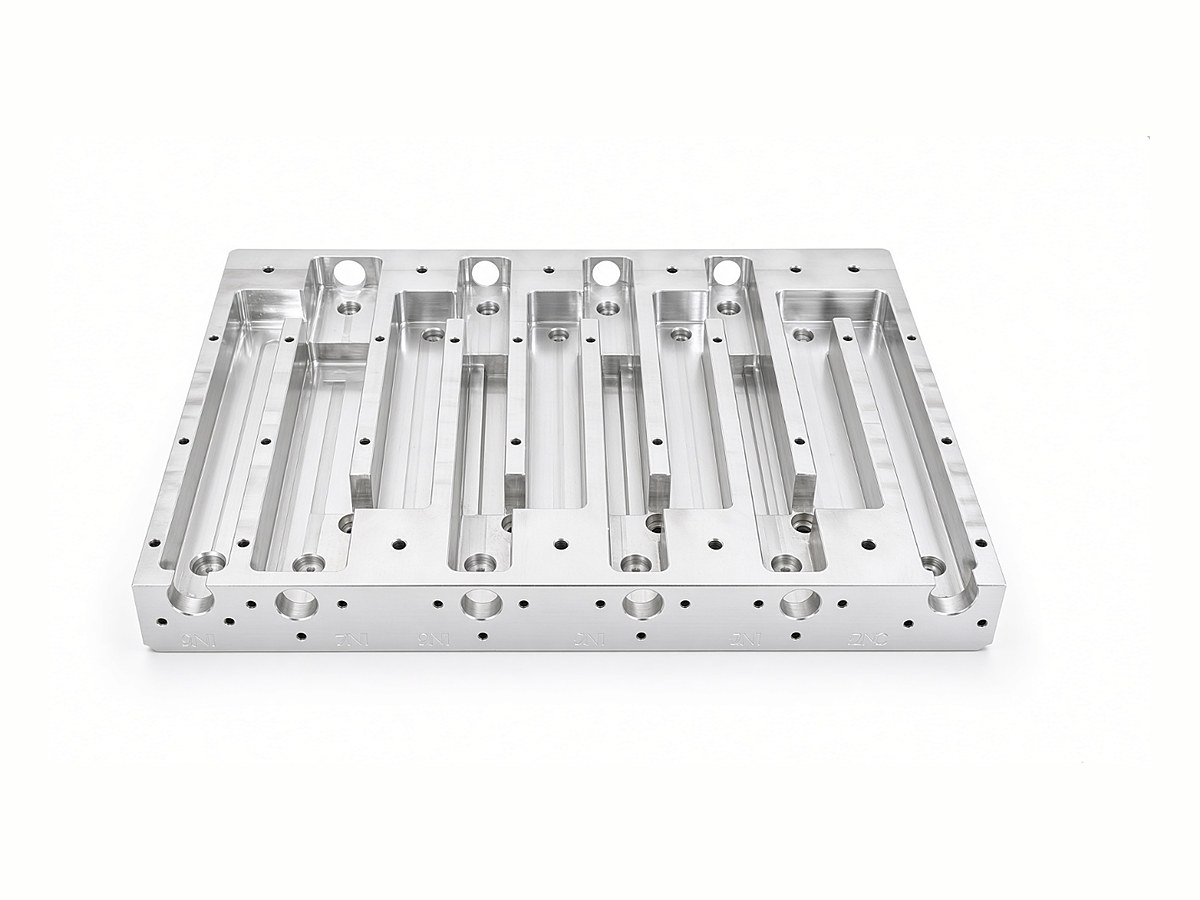 Manifold base plate, pocket side: pocketed aluminium plate with ported sides and engraved port markings