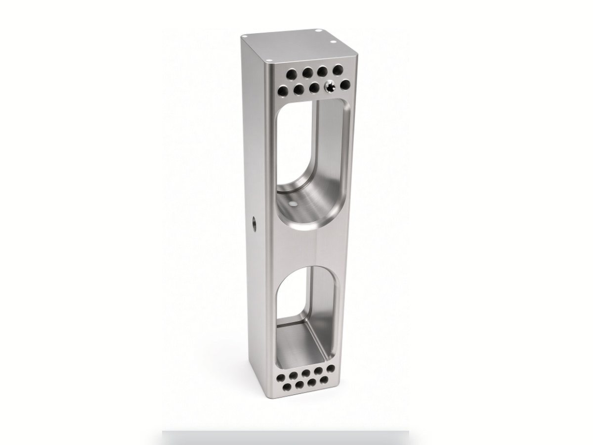 Stainless steel multi-face column bracket with scalloped pockets, machined with 4th axis milling