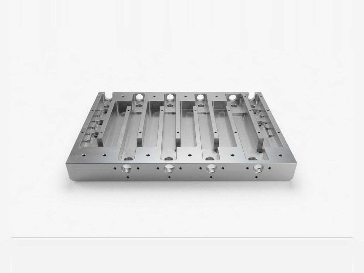Pocketed aluminium manifold base plate, CNC milled on a twin pallet vertical machining centre