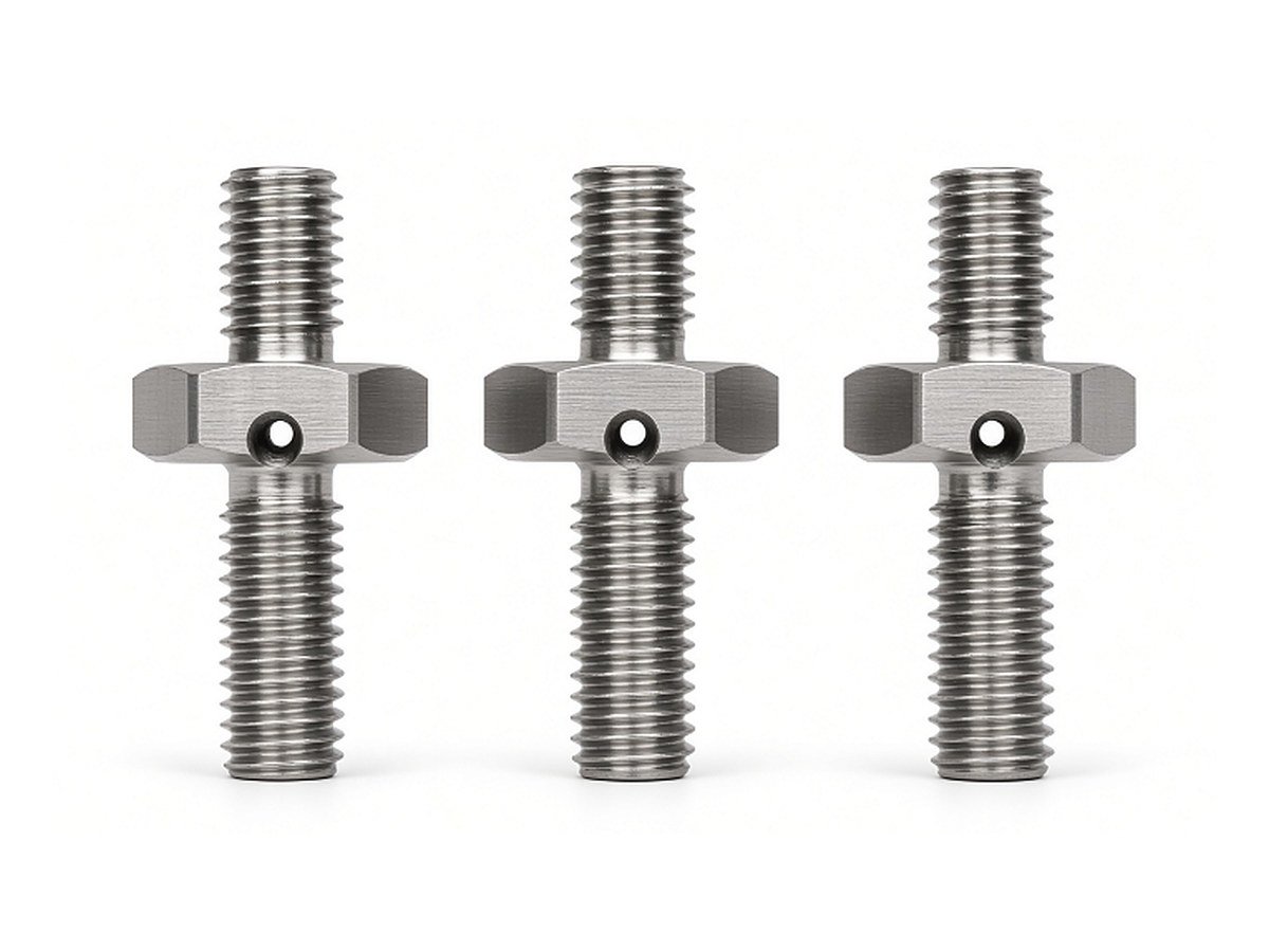 Double-ended stainless steel hex studs, threaded both ends with a cross-drilled hex