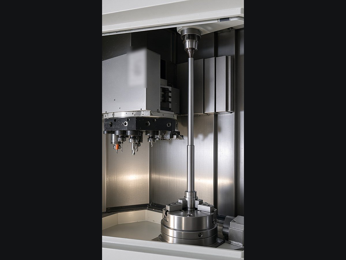 Long shaft being turned between centres on the CNC lathe