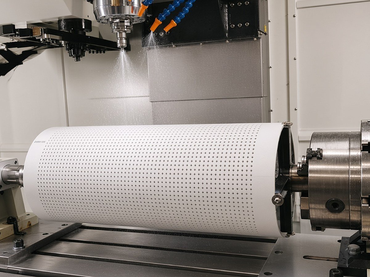 Perforated cylinder housing being drilled on the 4th axis