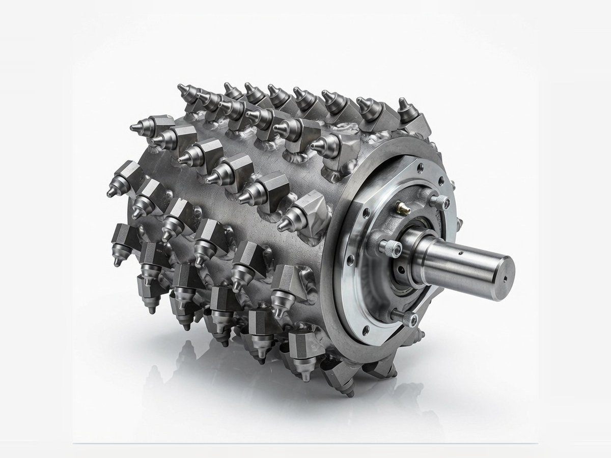 Carbide pick profiling drum and machined bearing hub for road profiling and earthworks plant